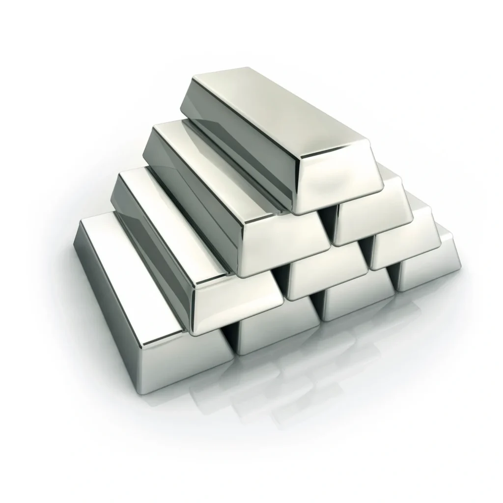 Stacked silver bars and ingots — silver investing as an alternative asset for portfolio diversification