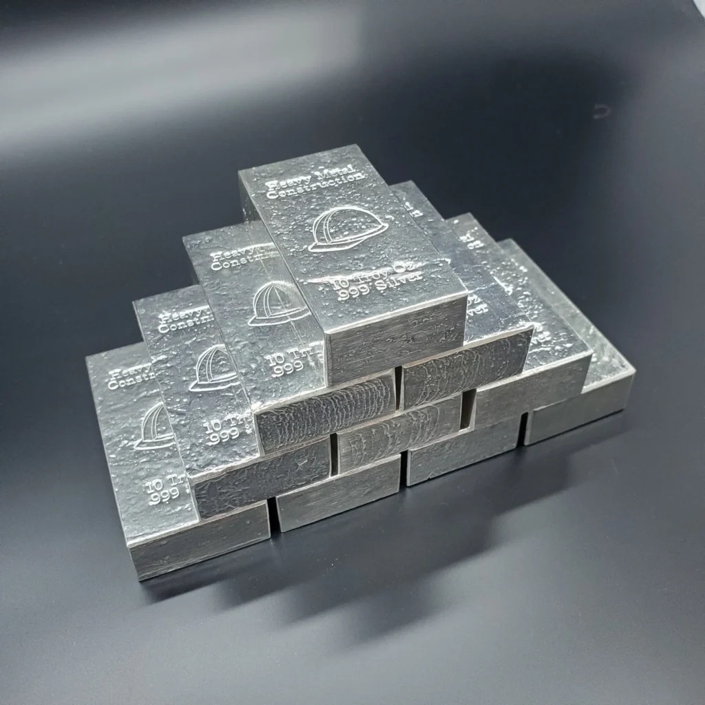 Ten ounce silver bars stacked in formation — 10 oz silver bars as a precious investment at Local Silver Mint