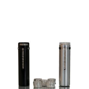 Black and silver coin tubes with stacked coins
